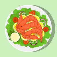 camarones reales con rodajas de limón, hojas de lechuga, cebolla, tomate, salsa. ilustración plana vectorial. vector