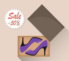 Stylish modern woman s high heel shoes in box, side view. The price tag with a discount of 50 percent. Illustration for a shoe store. Vector flat illustration.