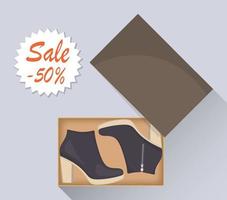 botas de tacón alto de mujer modernas y elegantes en caja, vista lateral. venta con un descuento del 50 por ciento. zapatos casuales de mujer. ilustración para una zapatería. ilustración plana vectorial. vector