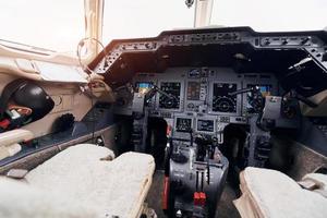 Close up focused view of airplane cockpit photo