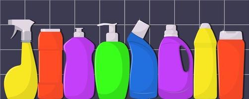 las botellas de detergente, detergente en polvo, detergente en polvo, botella de spray, un medio para lavar platos. las botellas de detergente sobre fondo de baldosas. ilustración vectorial en estilo plano. vector