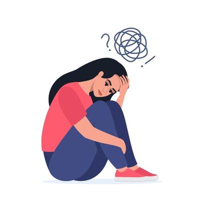 Depressed Unhappy Woman Sit on Floor with Tangled Thoughts in Head, Girl Need Psychological Help. Mind Health Problem, Mental Disease. Vector Illustration.