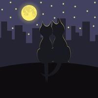 Two cats sit closely pressed to each other and looking at the moon. Silhouettes of cats on a background of the night city. Vector illustration.