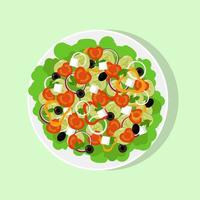 Fresh greek salad on big white plate, top view. Tomato, sweet pepper, onion, greens, cheese, olives, cucumber, mixed in plate. Vector flat illustration.