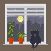 Silhouettes of two cats sitting on a windowsill under the light of the moon. Night city outside the window. Blinds on window and room plant in pot on the windowsill. Vector illustration.