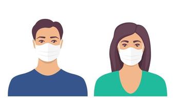 hombre y mujer con mascarilla médica protectora en la cara para prevenir el virus. personas con mascarilla quirúrgica. ilustración vectorial en estilo plano. vector