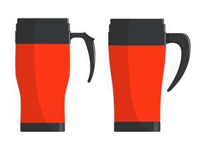 Modern Thermo cups, travel mug, thermoses isolated on white background. Vector illustration in flat style.