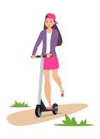 Cute girl riding kick scooter. Teen girl in short skirt, jacket and baseball cap rides on scooter. Young charming female character on kick scooter, vector in flat style.