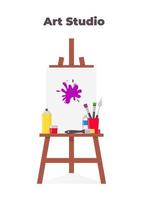 Easel, canvas, paint and all necessary tools for drawing. Beautiful composition for advertising art Studio. vector