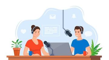 People recording podcast in studio. Radio host interviewing guest on radio station. Man and woman in headphones talking. Broadcasting. Vector illustration.