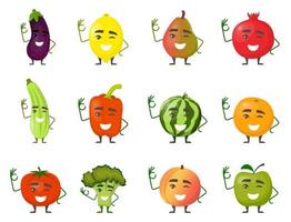 personajes de dibujos animados de frutas y verduras con manos y piernas sonríen y muestran el gesto bien. alegres personajes de frutas y verduras en diseño plano. ilustración vectorial vector