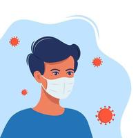 Man with protective medical mask on face for prevent virus. Human in surgical mask and virus particles around. Covid prevention. Vector illustration in flat style.