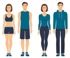 parejas en ropa deportiva. hombres y mujeres jóvenes de pie en pleno crecimiento en diferentes ropas deportivas para ejercicios en el gimnasio, correr, fitness. ilustración vectorial, aislado. vector