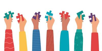 Group of multi-ethnic people with raised arms holding a piece of jigsaw. Colleagues of diverse races and culture. Cooperate and collaborate. Concept of teamwork. Vector illustration.