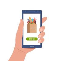 Online food ordering from supermarket using mobile app. Smartphone screen with order button and paper bag icon full of products. Online store concept for infographics, web design. Vector illustration.