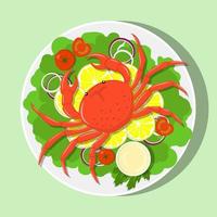 Big red crab on white plate with lemon slices, lettuce leaves, onion, tomatos, sauce. Vector flat illustration.