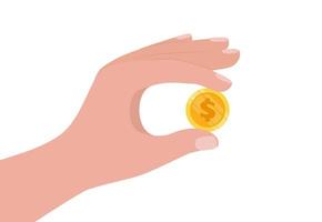 Hand holding gold coin. Business success, profit, finance, making money concept. Coin with dollar sign. Flat style vector illustration.