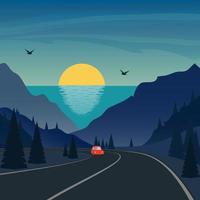 Trip in mountains. Cute small car rides on mountain road. Sea and sunset or sunrise on background. Vector illustration.