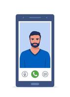 Video call on smartphone. Young man on smartphone screen with connection icons. Communication online using the phone. Talking through video call. Chatting online. Vector illustration.