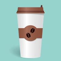 Realistic paper coffee Cup with lid and emblem with coffee beans. Take-away coffee. Coffee to go. Vector illustration.