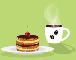 Cup of fragrant steaming coffee and cake with cherry on a saucer. Vector illustration in flat style.