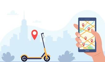Electric scooter, smartphone with route and red pins on city map, urban landscape background. Online kick scooter sharing service with smartphone app. Scooter Rent. Vector concept illustration.