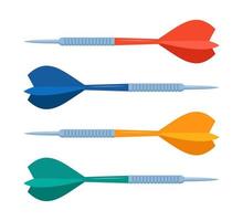 Red, green, blue and yellow darts isolated on white background. Vector set of realistic dart arrows.