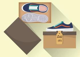 Stylish modern sneakers in box, side and top view. The price tag with a discount of 50 percent. Sports or casual shoes. Illustration for a shoe store. Vector flat illustration.
