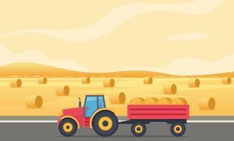 escena de la granja con campo y montones de heno al atardecer. tractor con balas de heno en carro. paisaje rural. concepto de agricultura y ganadería. máquina agrícola. ilustración vectorial vector