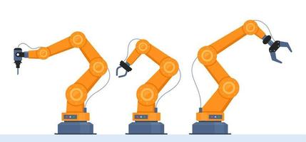 conjunto de brazos robóticos. tecnología de automatización de la fabricación. herramientas industriales mecanica robot brazo maquina hidraulica equipo automotriz. robots de montaje en fábrica de transporte. ilustración de vector plano aislado.