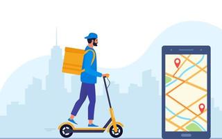 Delivery service concept and application for tracking online orders, food delivery. Man courier riding electric scooter with yellow package product box. Vector illustration for website, mobile app.