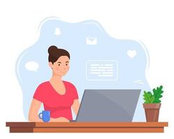 mujer joven que trabaja en la computadora portátil en la oficina en casa. freelance en el trabajo, trabajo remoto. mujer joven sentada en un escritorio con una computadora portátil y una taza de café. ilustración de vector moderno de color de estilo plano.