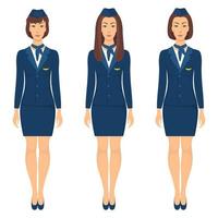 Stewardesses in blue uniform, set. Stewardess standing in full growth. Vector illustration, isolated, flat style.