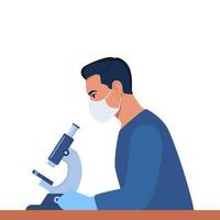 Man scientist is looking through a microscope. Chemistry laboratory specialist working on research and exploration, sitting at the table in potective mask. Vector illustration.