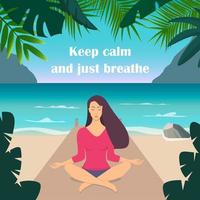 Young woman making meditation in lotus pose with closed eyes. Beautiful girl relaxes, practicing yoga on the seashore, surrounded by mountains and tropical plants. Vector flat illustration.