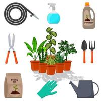 Potted plants surrounded by garden tools. Set of gardening tools, potting soil, various fertilizers in bottles. Vector illustration in flat style.