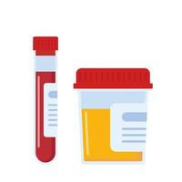 Laboratory samples of urine and blood. Medical sample in a glass tube. Laboratory container. Vector illustration.
