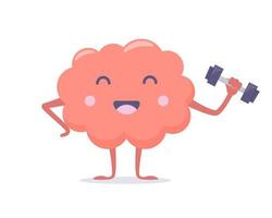 Cute pink brain character with dumbbell. Mental health concept. Brain training exercise. Vector illustration in flat style.