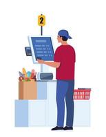 personaje de hombre en el puesto de supermercado en el autoservicio de pago con terminal pos para pagar sin efectivo las compras de comestibles. pago sin contacto, tecnologías contemporáneas. ilustración vectorial vector