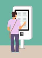 Man using self-service payment and information electronic terminal with touch screen. Vector illustration in flat style.