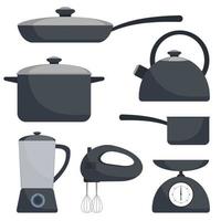 Kitchen utensils, set. Frying pan, saucepan, kettle, mixer, blender, scales. Vector flat illustration.