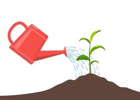 Young plant with watering can and water drops, Isolated On White. Vector flat illustration.