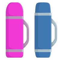 Modern thermoses for hot drinks, set. Flasks of different shapes. Vector illustration in flat style.