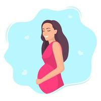 Happy young pregnant woman with big belly. Beautiful pregnant woman character. Girl expecting a baby. Maternity concept. Vector Illustration.