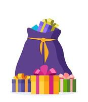 Full violet bag of gifts from Santa Claus. Christmas decorative element. Flat vector illustration.