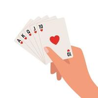 Hand holding playing cards. A royal straight flush in hearts. Vector illustration.