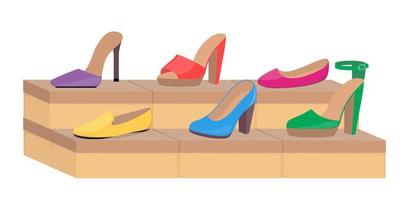 cajas de zapatos con calzado de mujer. zapatos de mujer modernos con estilo en cajas, vista lateral. zapatos en una tienda. ilustración plana vectorial. vector