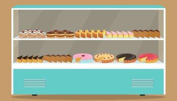 Refrigerator with shelves and cakes on it. Various pastries and cakes in showcase refrigerator. Vector illustration.