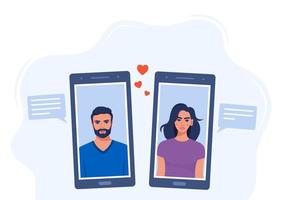Dating service application. Loving couple on screens of mobile phones. Man and woman profiles romance app. Love in social network. Vector Illustration.