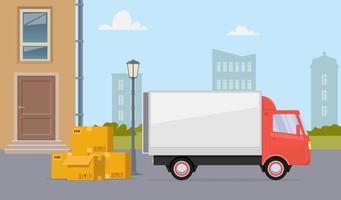 Moving truck and cardboard boxes on city street. Moving House. Transport company. Vector flat illustration.